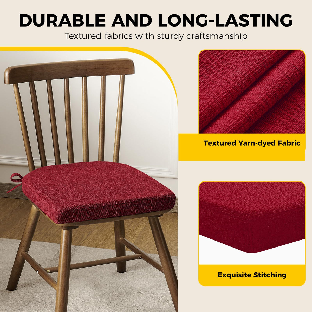 Versatile chair pads suit dining, living, and workspaces.
