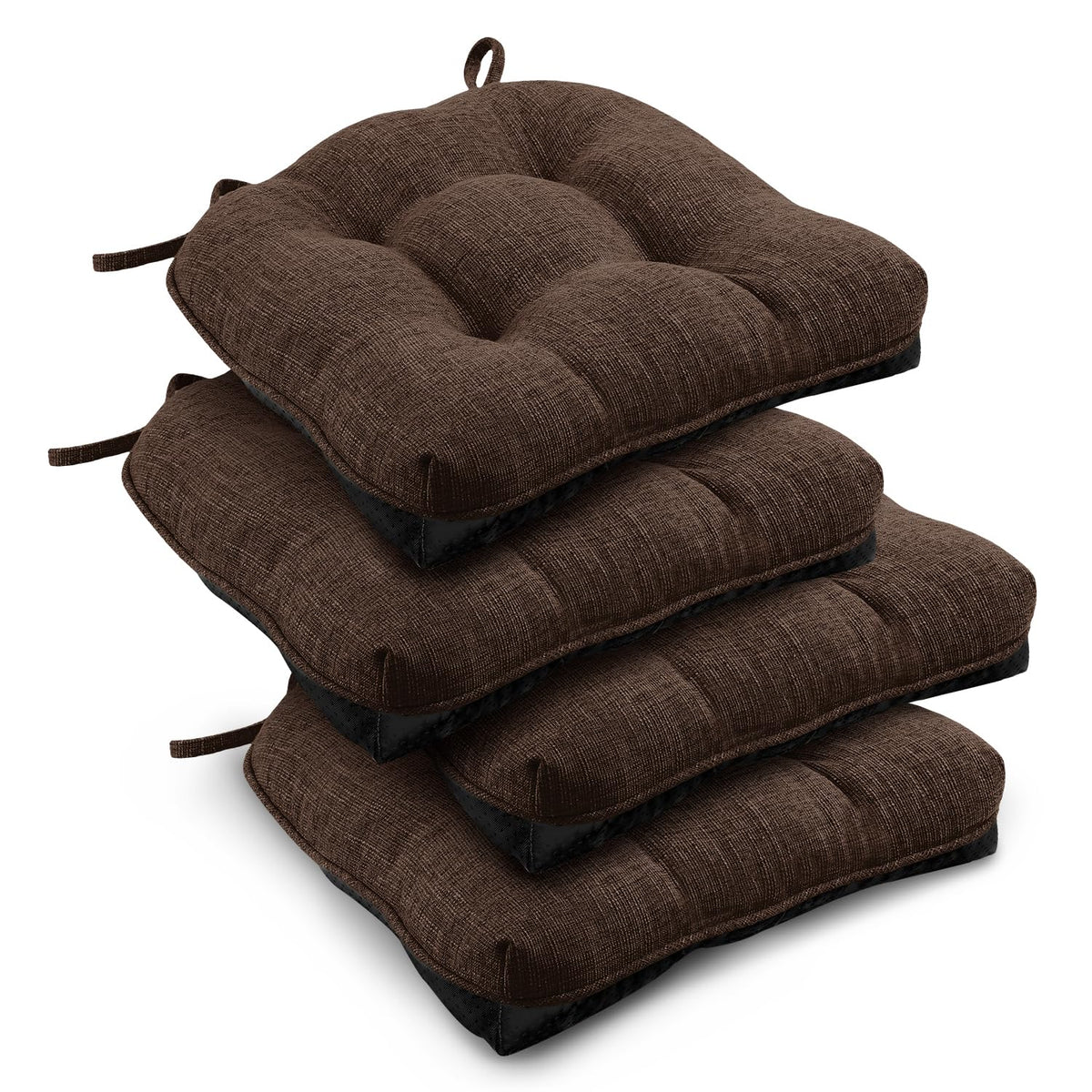 Downluxe tufted brown chair cushions provide plush dining comfort