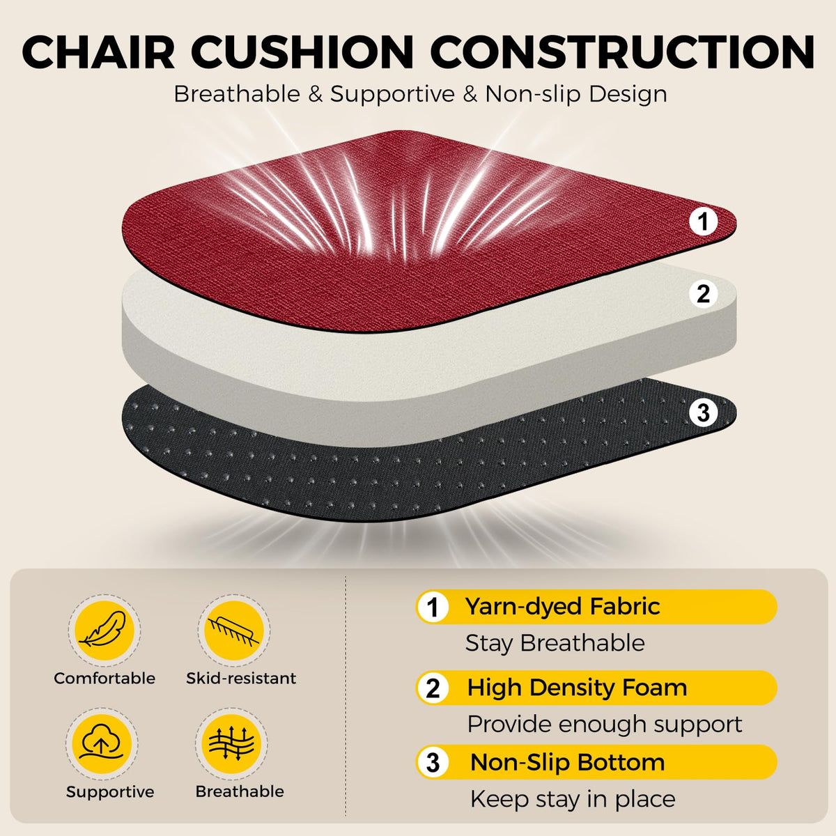 Downluxe cushion with ties and non-slip backing keeps seats in place.
