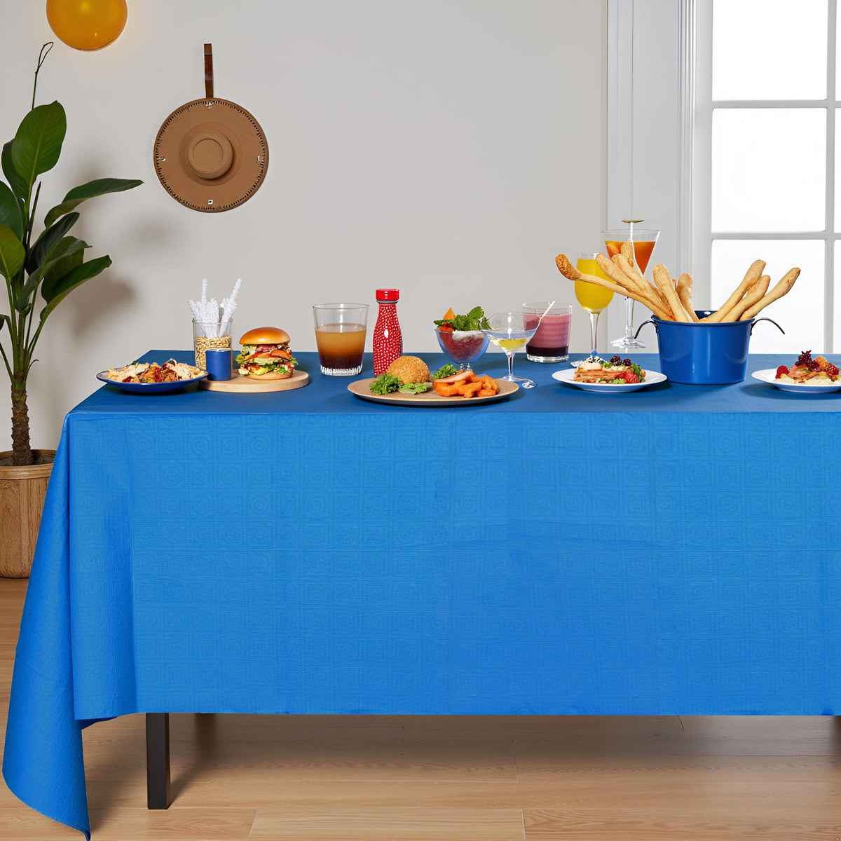 Dozobeede blue tablecloth top view showing vibrant color.