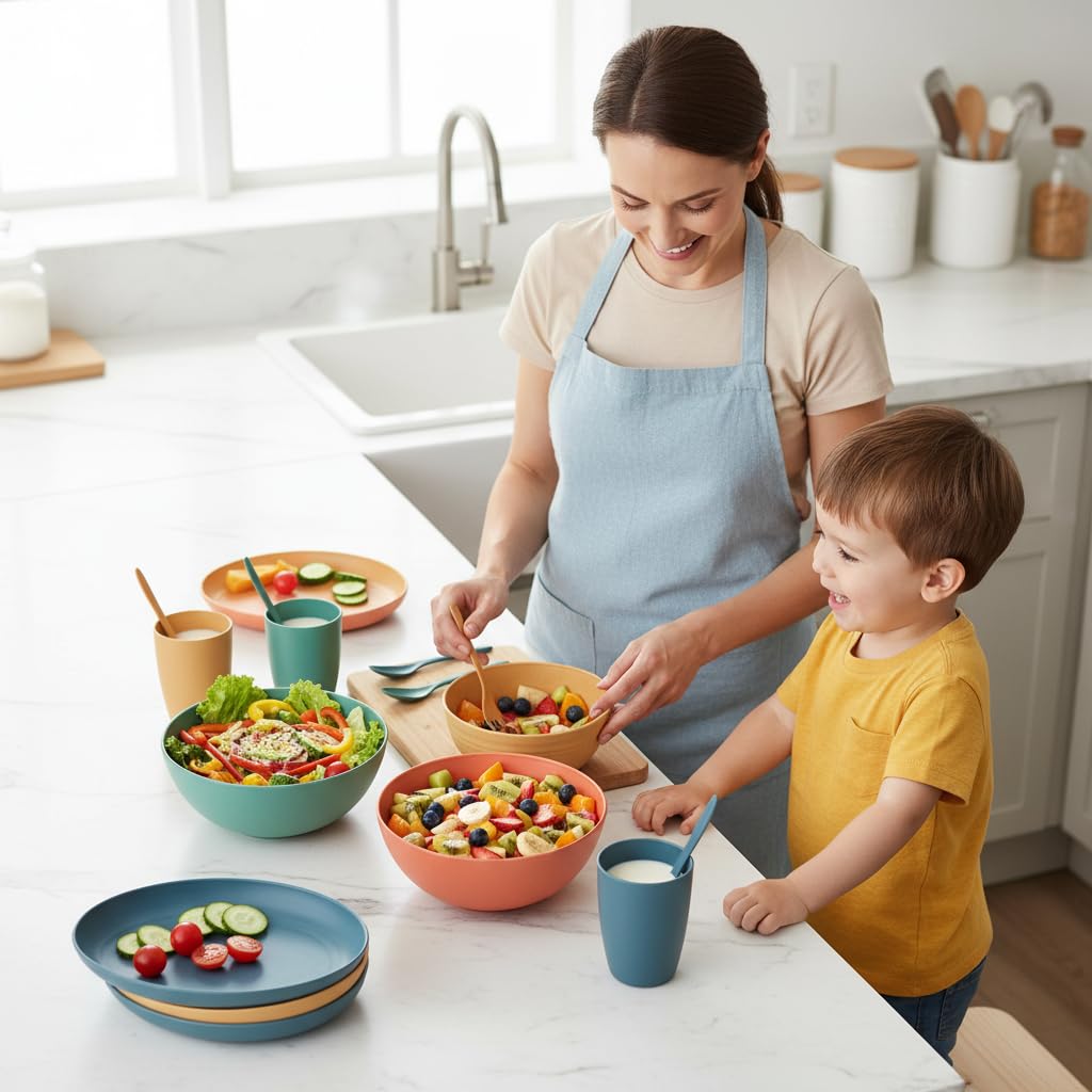 DQELFA durable kid dinnerware is microwave-safe for quick reheats.