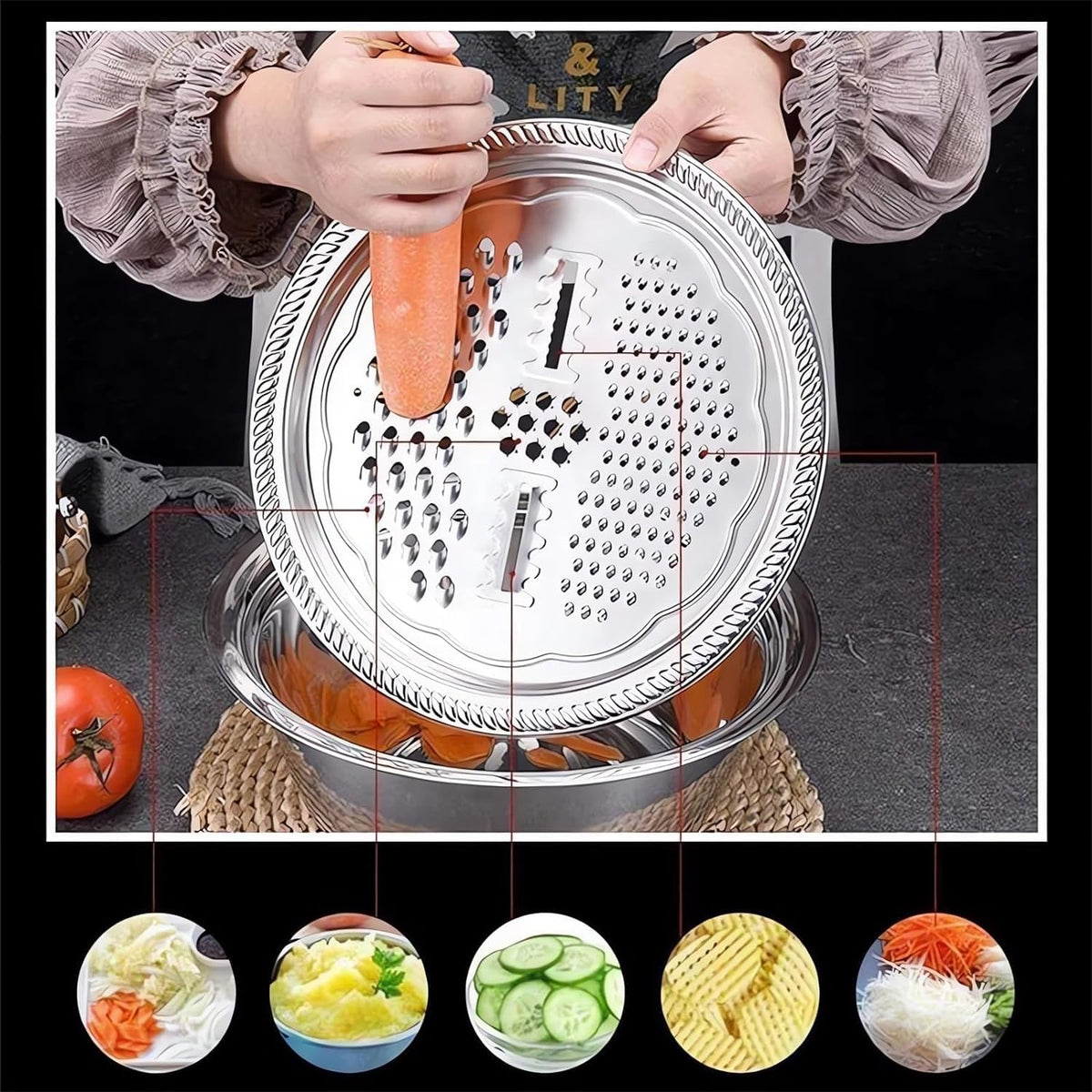 DqsWko vegetable-slicer-grater-strainer for precise slicing and quick draining.