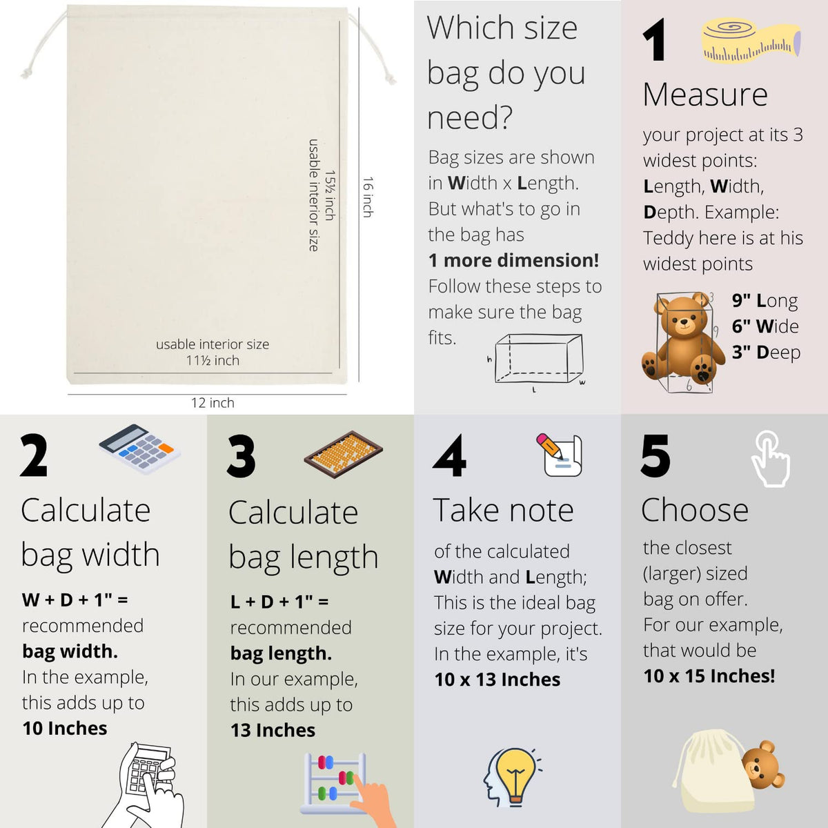 DR six-pack muslin bags in beige for bulk storage and organization