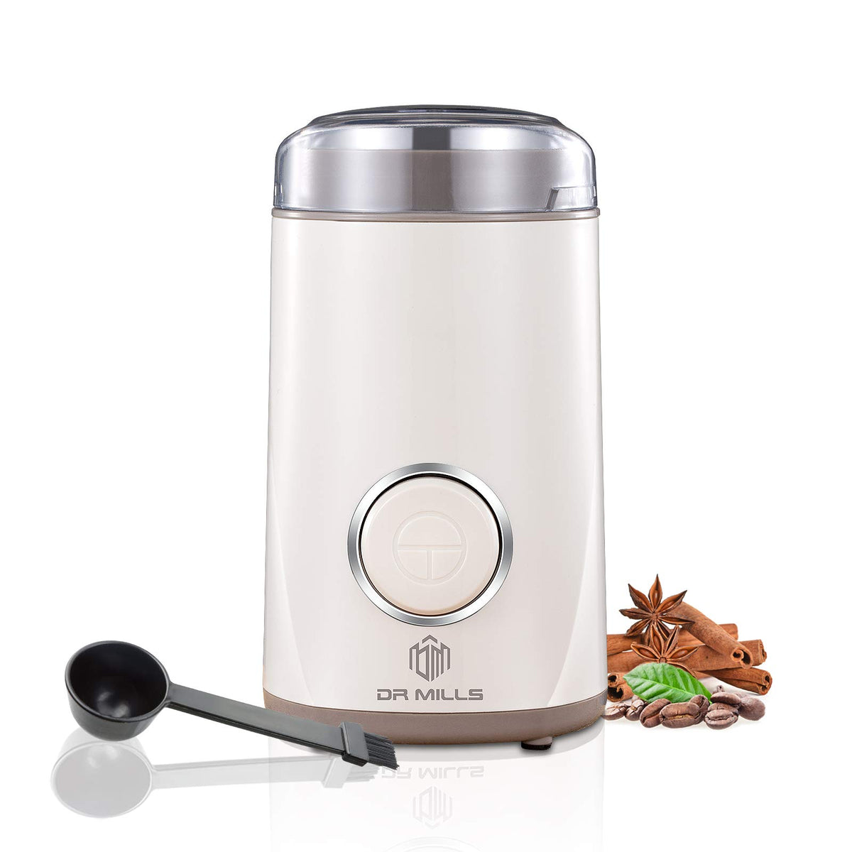 DR MILLS DM-7441W coffee grinder with whole beans ready to grind for fresh coffee.