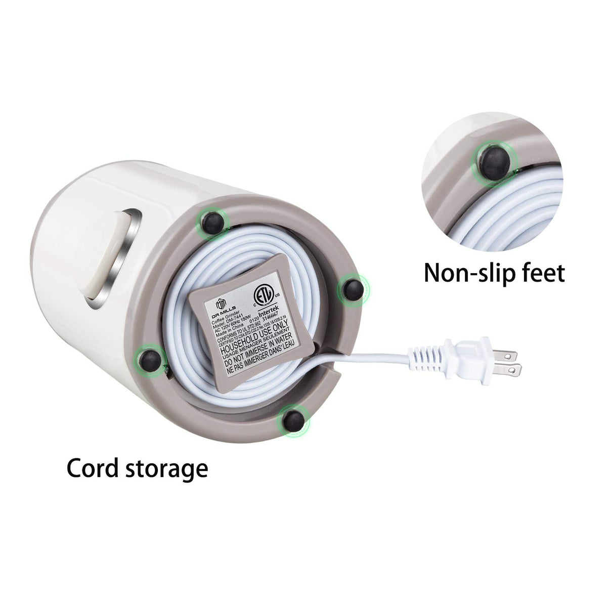 DR MILLS DM-7441W cord-storage design keeps counters neat.
