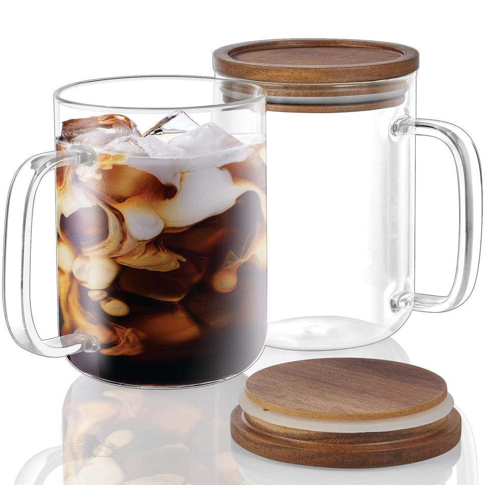 DRASTAR 20 oz glass mug with lid, ideal for hot beverages.