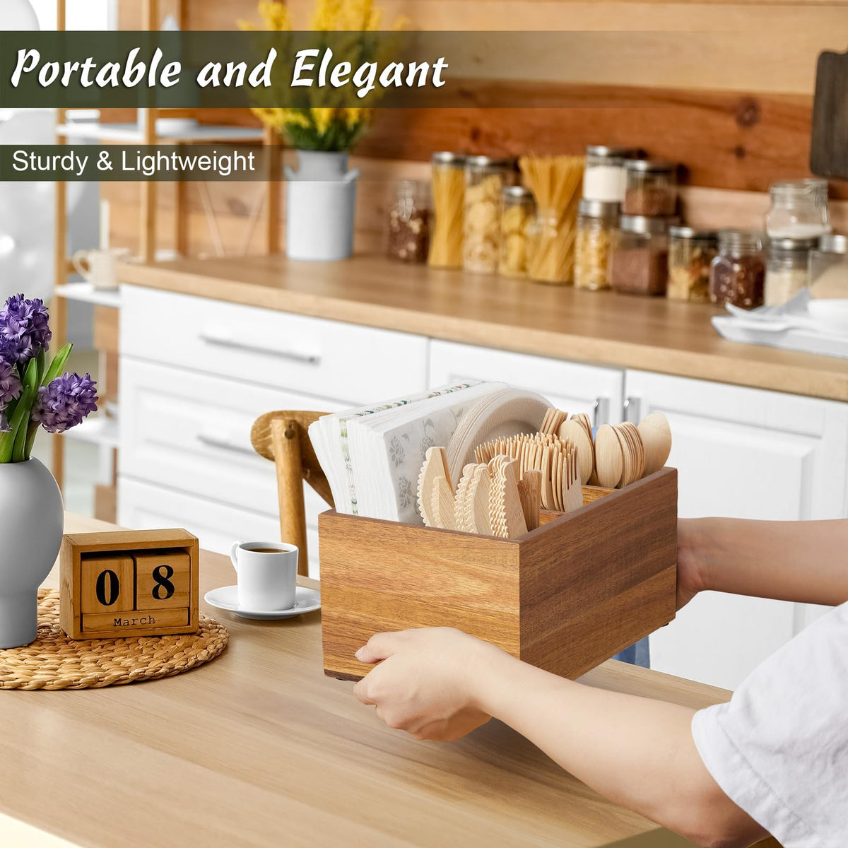 DRASTAR Acacia wood texture adds natural warmth and durability to your table.