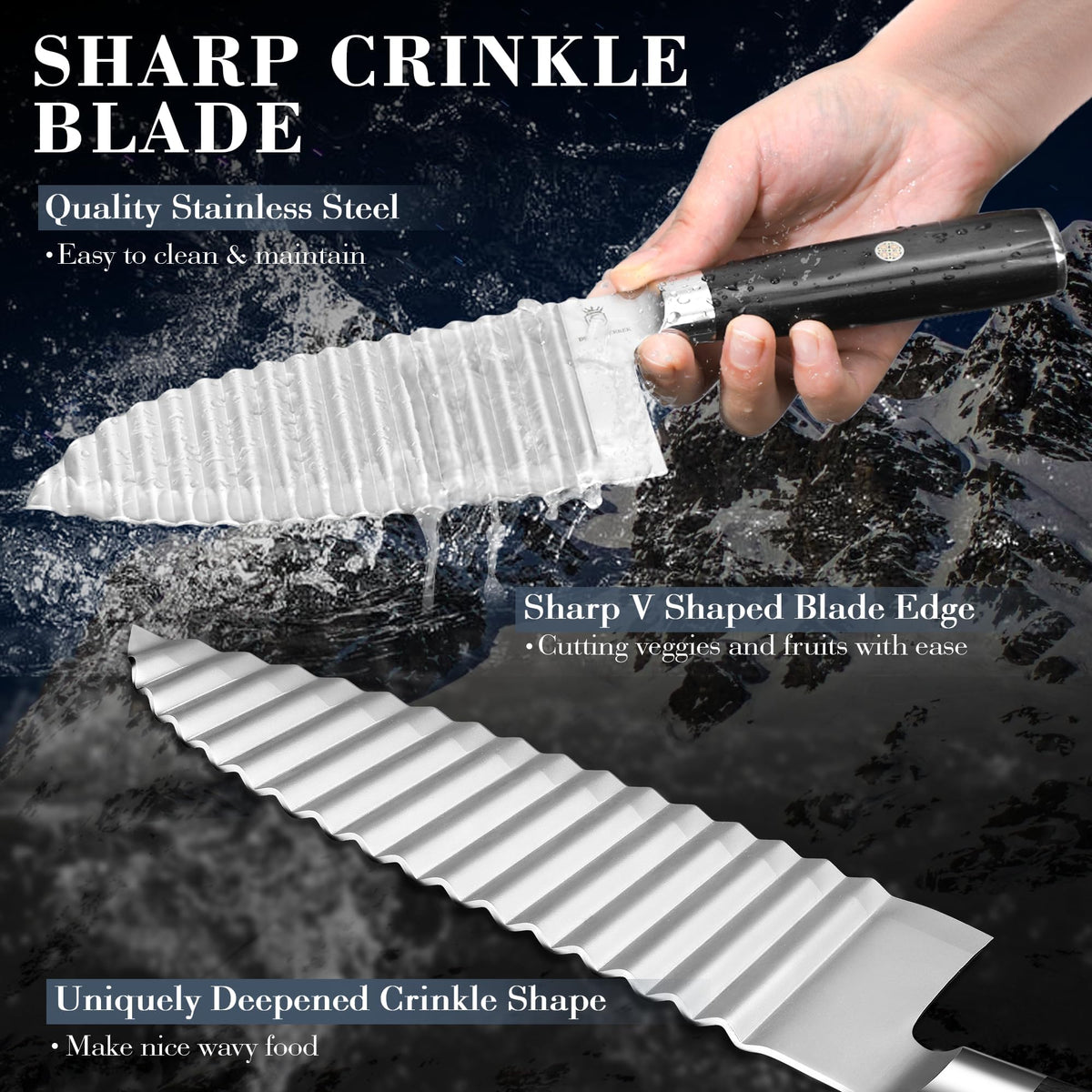 Wave-cut blade in action creating decorative cuts on vegetables.