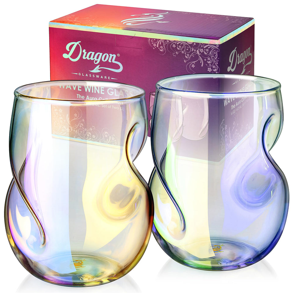 Dragon Glassware iridescent stemless wine glass highlights shimmering color for photos and parties