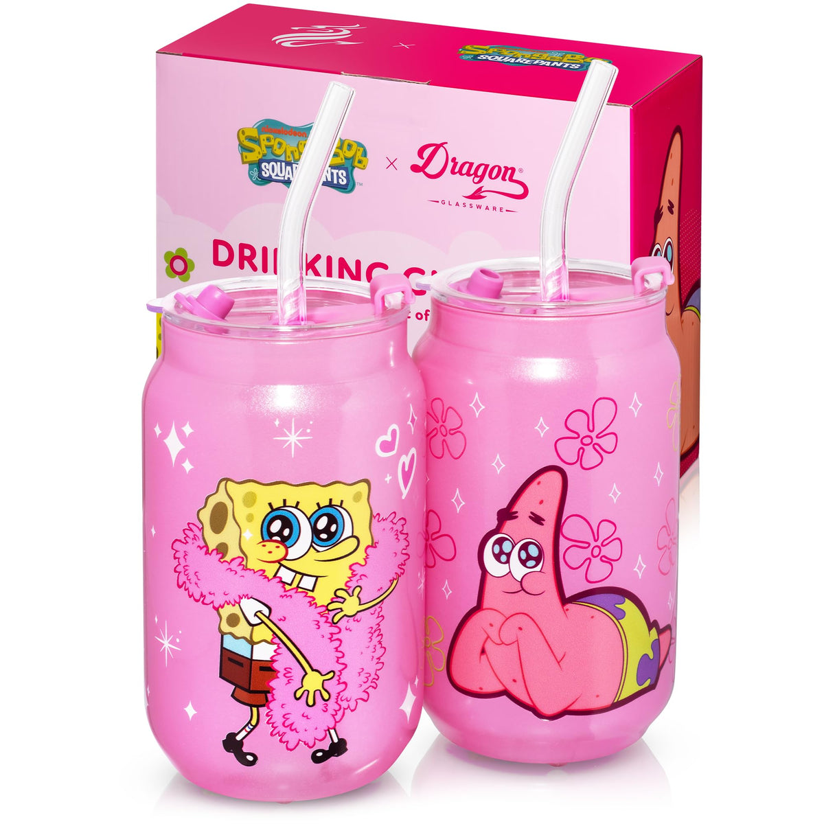 Dragon Glassware SpongeBob 16oz tumbler with lid and straw in pink for iced drinks.