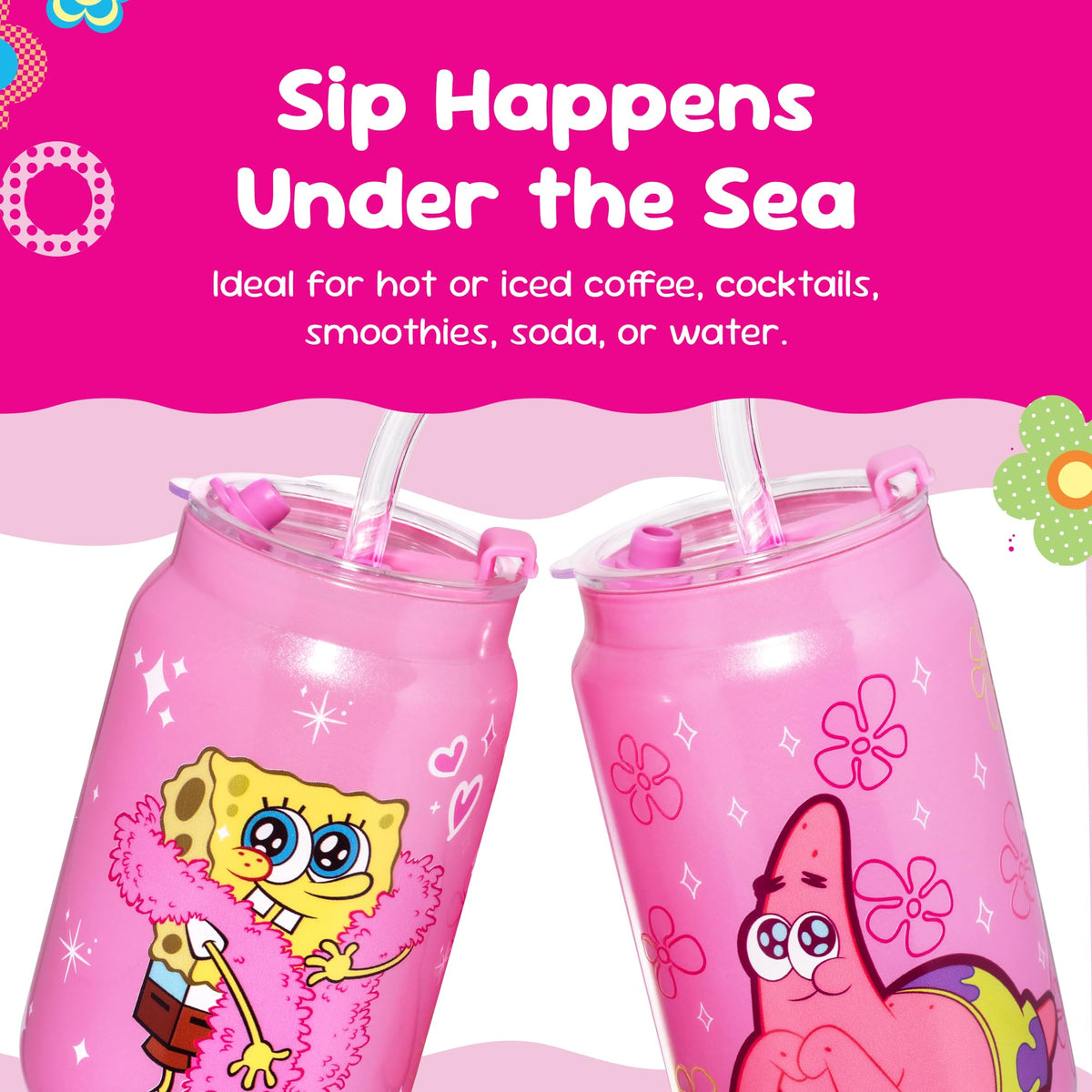 Dragon Glassware SpongeBob ice coffee cup with lid shown on desk.