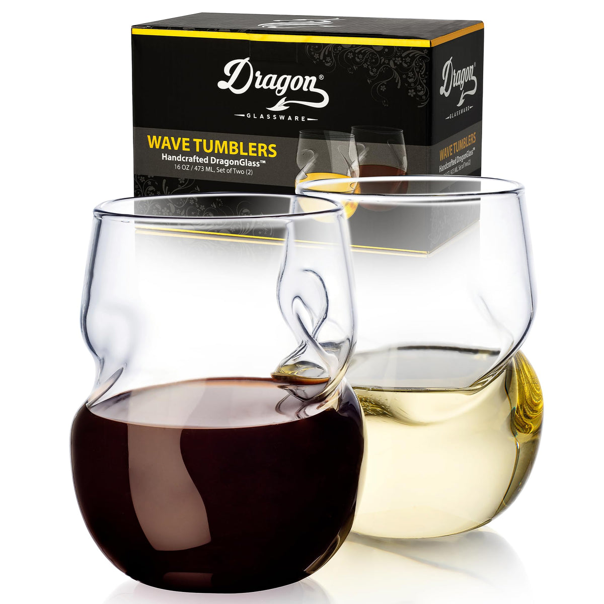 Dragon Glassware stemless wine glasses front view, crystal clarity for everyday wine enjoyment.