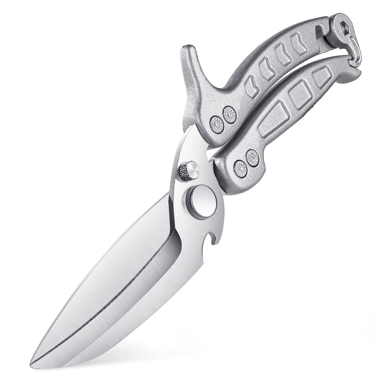 DRAGON RIOT poultry shears blade closeup shows a sharp micro-serrated edge for precise cuts.
