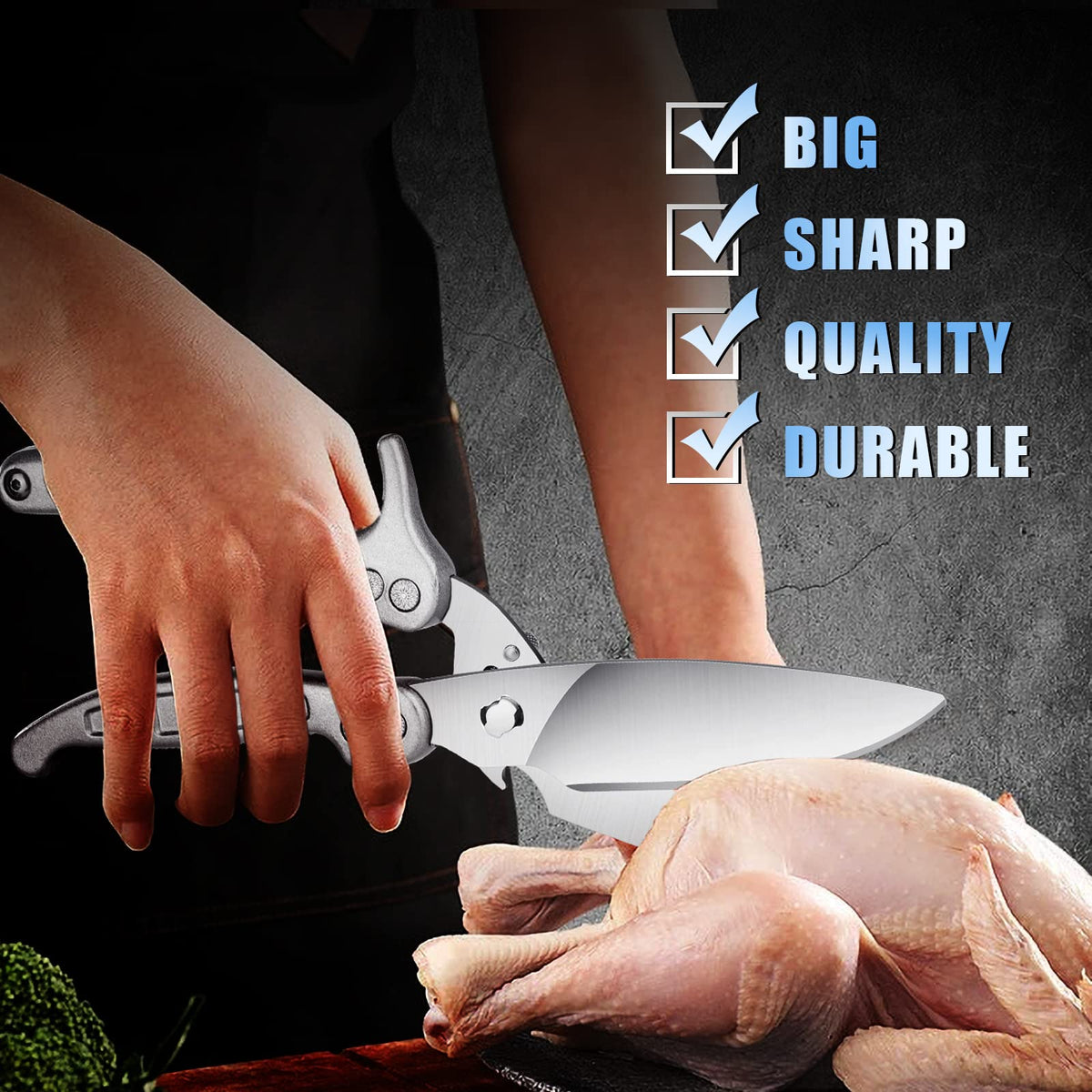 DRAGON RIOT poultry shears micro-serrated blade for steady slicing on meat.