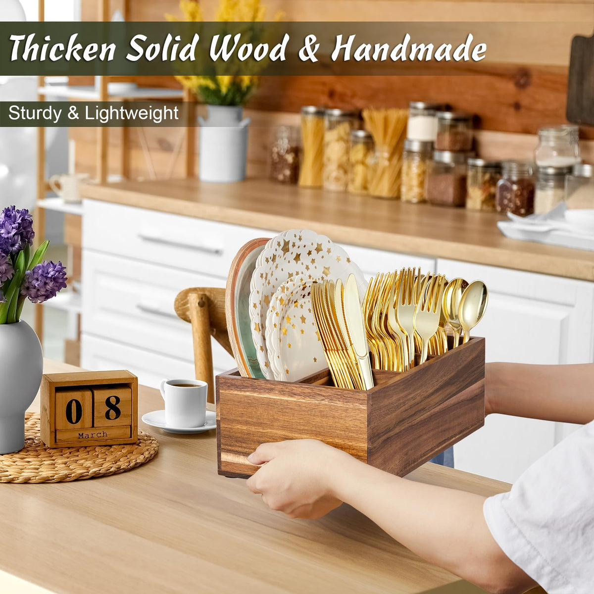 DRASTAR acacia wooden utensil caddy with multiple compartments for flatware.