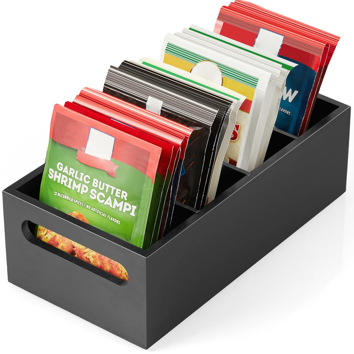 DraStar pantry organizer wooden caddy with four slots for tidy pantry storage.