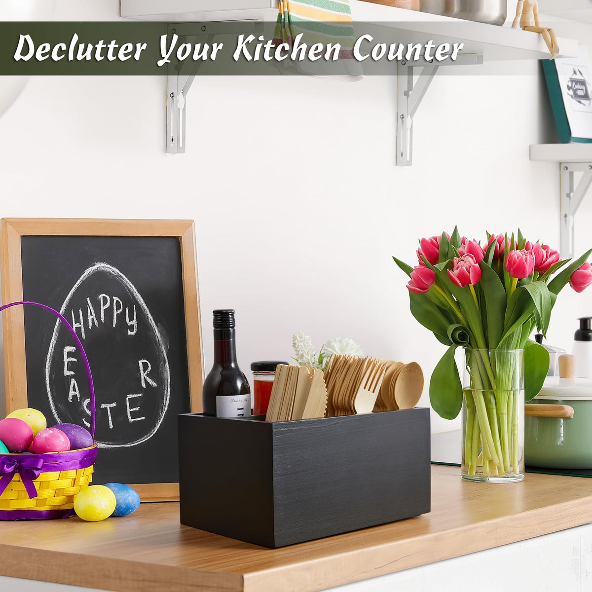 DRASTAR black silverware holder complements modern counters.