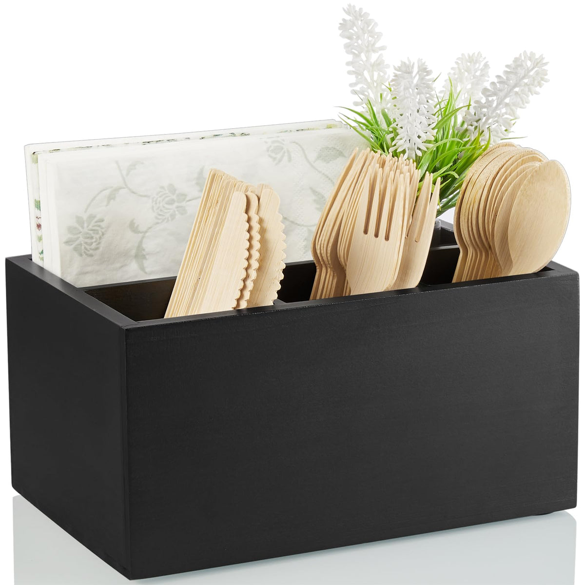 DRASTAR silverware caddy wooden utensil holder sits on the counter, keeping tools organized.