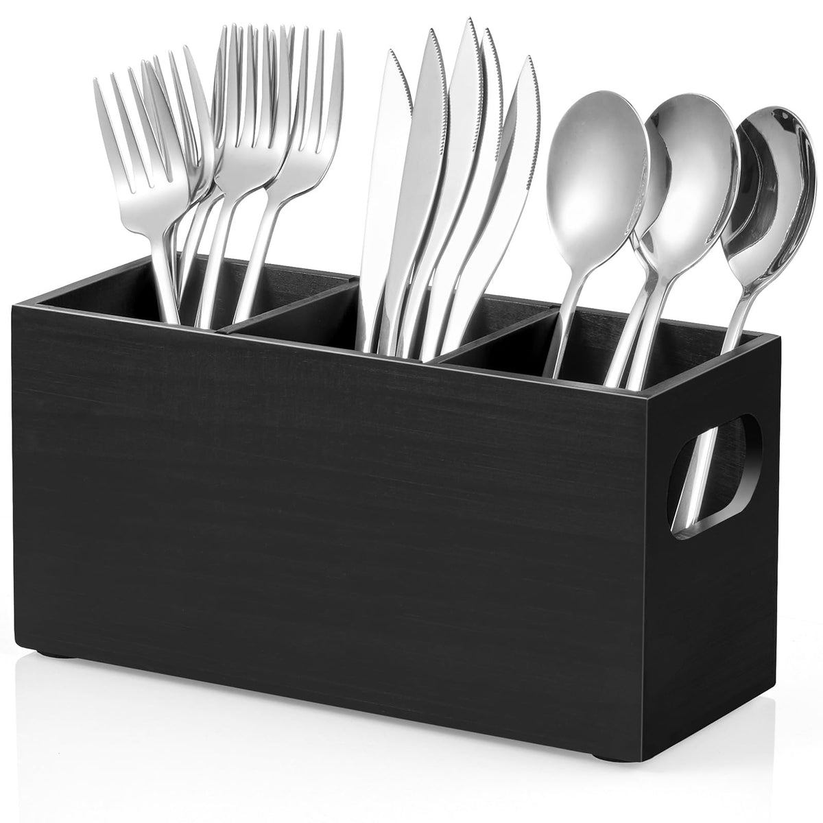 DRASTAR wooden silverware holder with dividers organized for knives, forks, and spoons