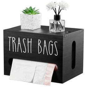 DRASTAR wall-mounted trash bag dispenser in black wood for quick bag access.