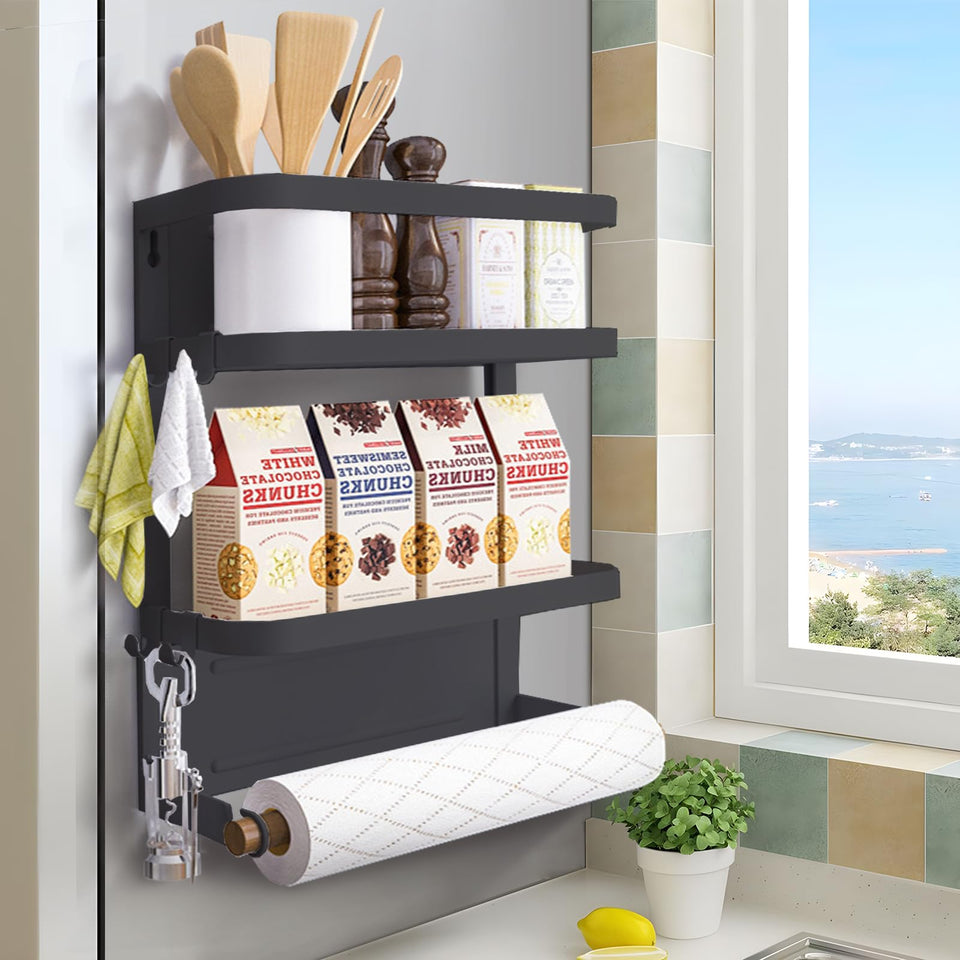 Dr.BeTree magnetic spice rack on fridge keeps spices organized and accessible.