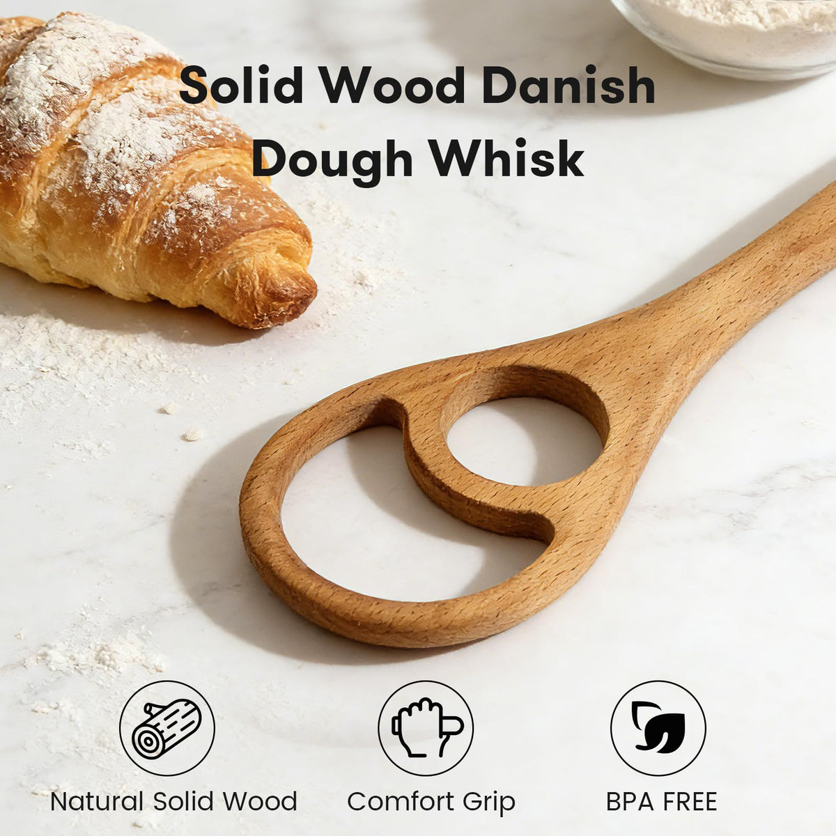 Drcomtruing beech wood whisk features flow-through head for even hydration.