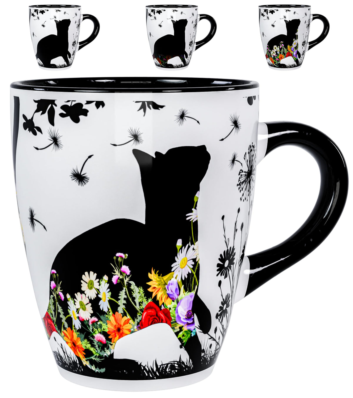 Dream 8 Design color-changing cat mug reveals floral scene when hot, ideal for coffee lovers.