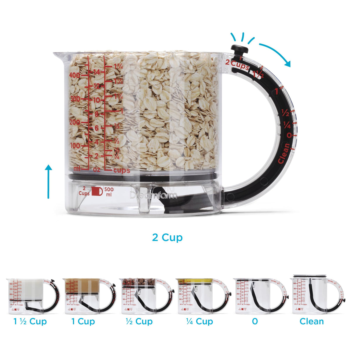 Dreamfarm Big Upcup seal-squeegee captures sticky ingredients for easy cleanup.