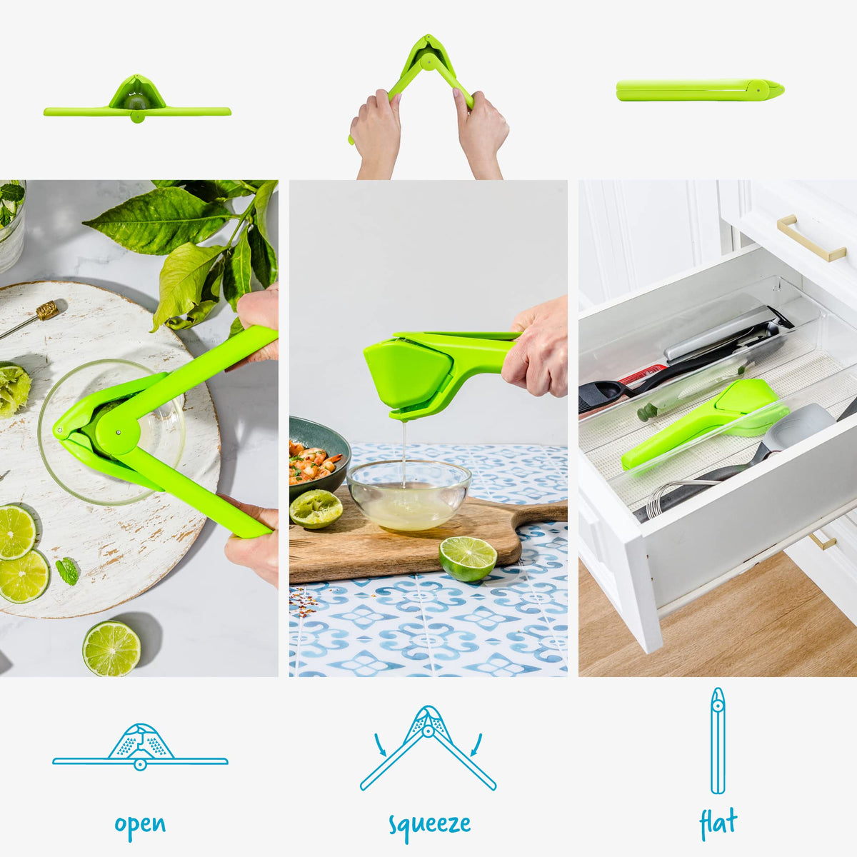 Dreamfarm fold-flat storage demonstrates how the juicer lies flat for slim kitchen drawers.