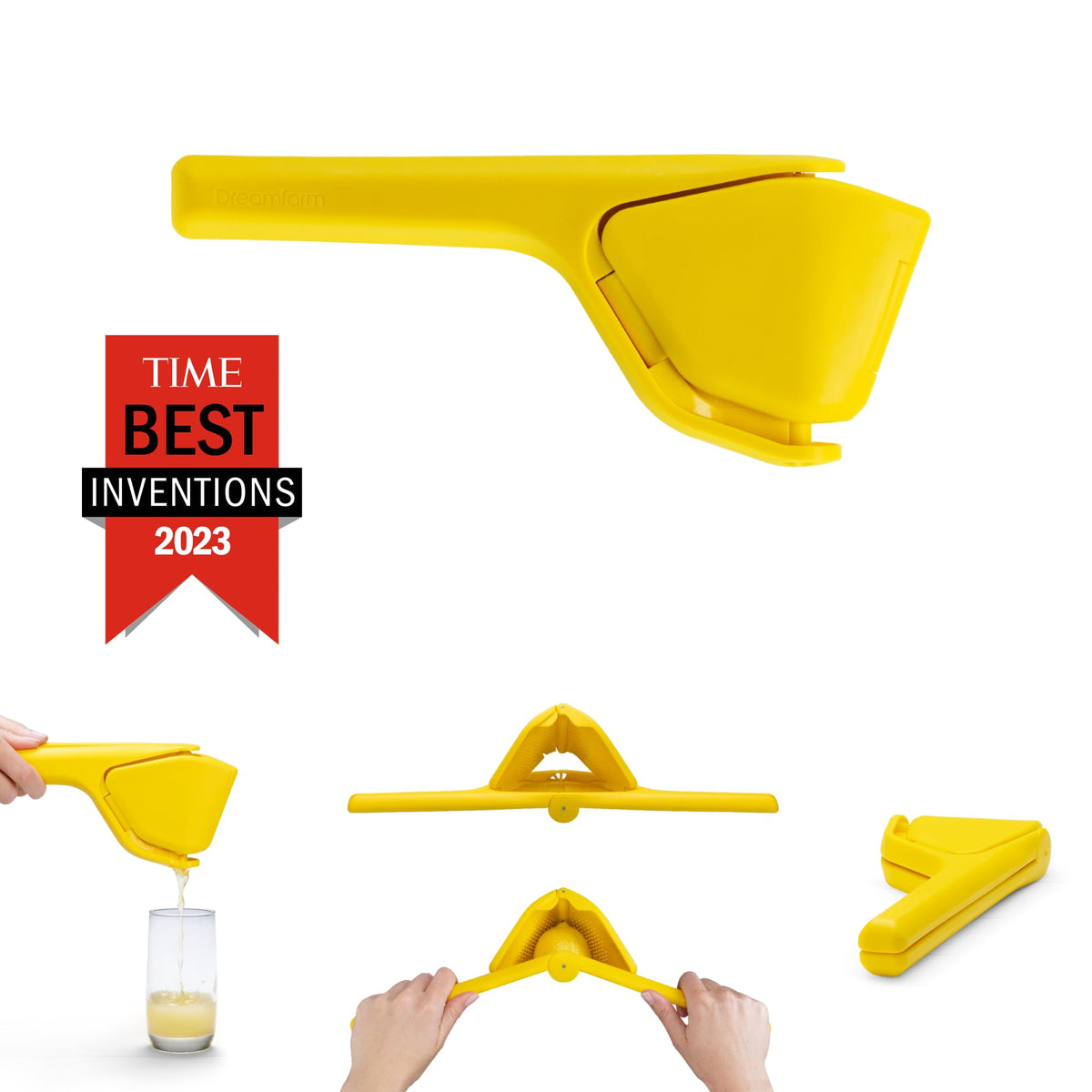 Dreamfarm Original Lemon Fluicer side pivot highlights ergonomic leverage during squeezing.