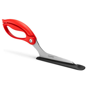Dreamfarm Scizza 2-in-1 pizza scissors in action slicing hot pizza cleanly