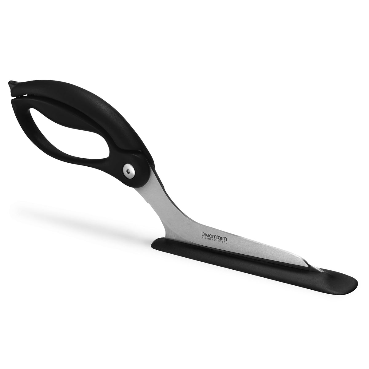 Dreamfarm Scizza curved blades slice from above to keep toppings intact.
