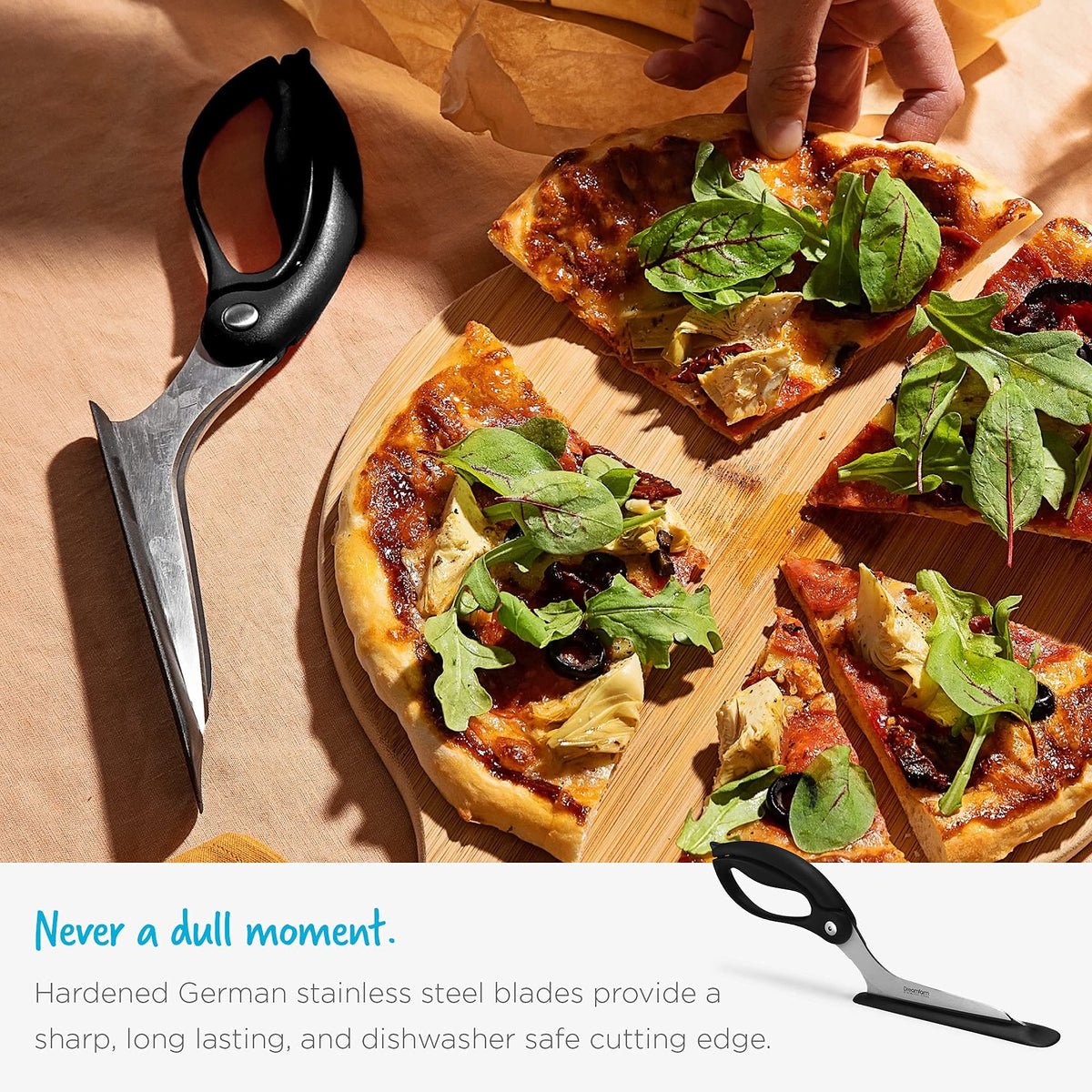 Dreamfarm Scizza ergonomic handle provides comfortable control.