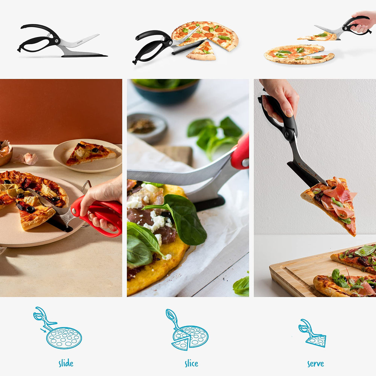 Dreamfarm Scizza spatula shoe slides under pizza to protect pans.