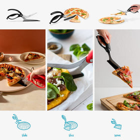 Dreamfarm Scizza spatula shoe slides under pizza to protect pans.