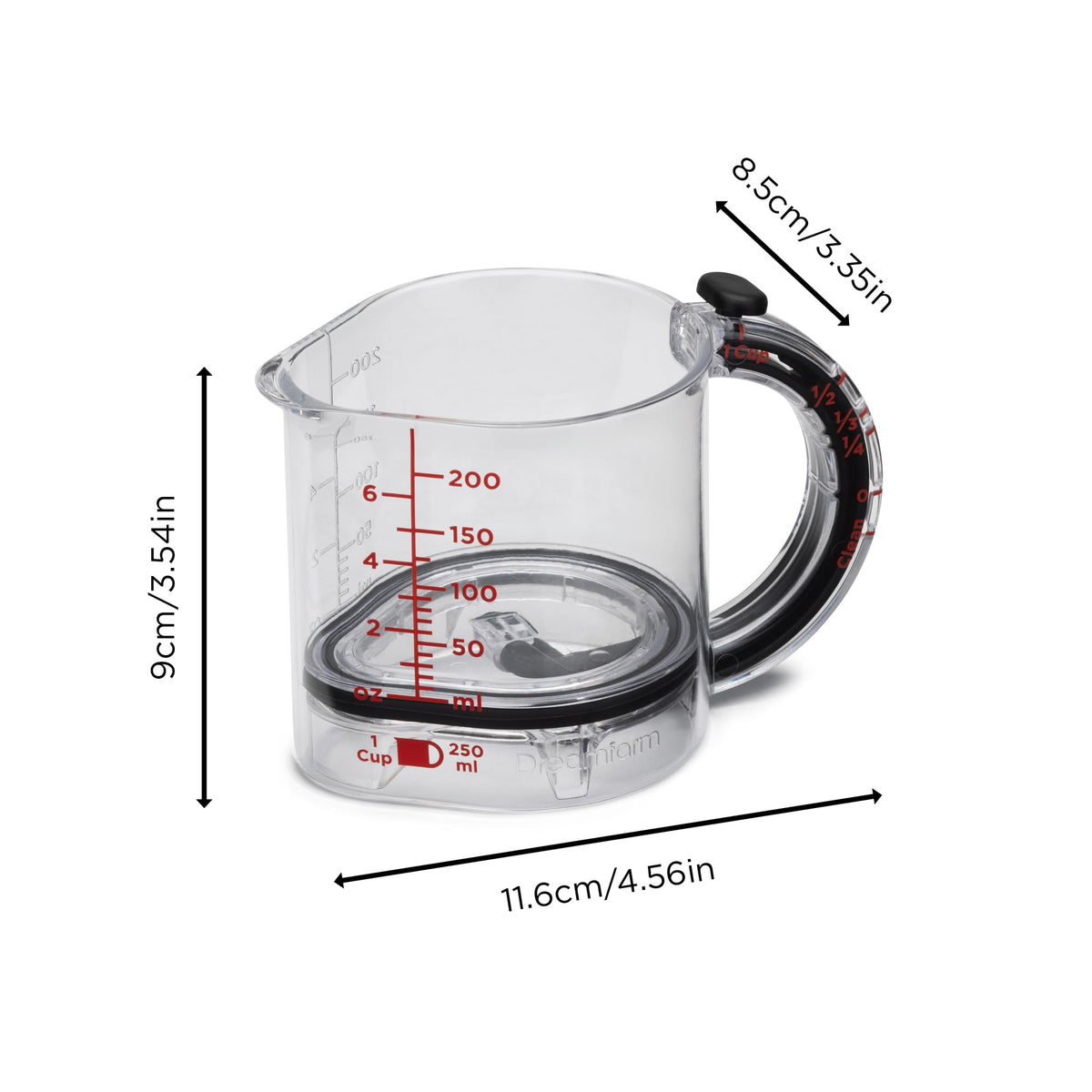 Dreamfarm Upcup adjustable base displaying multiple metric and imperial marks.
