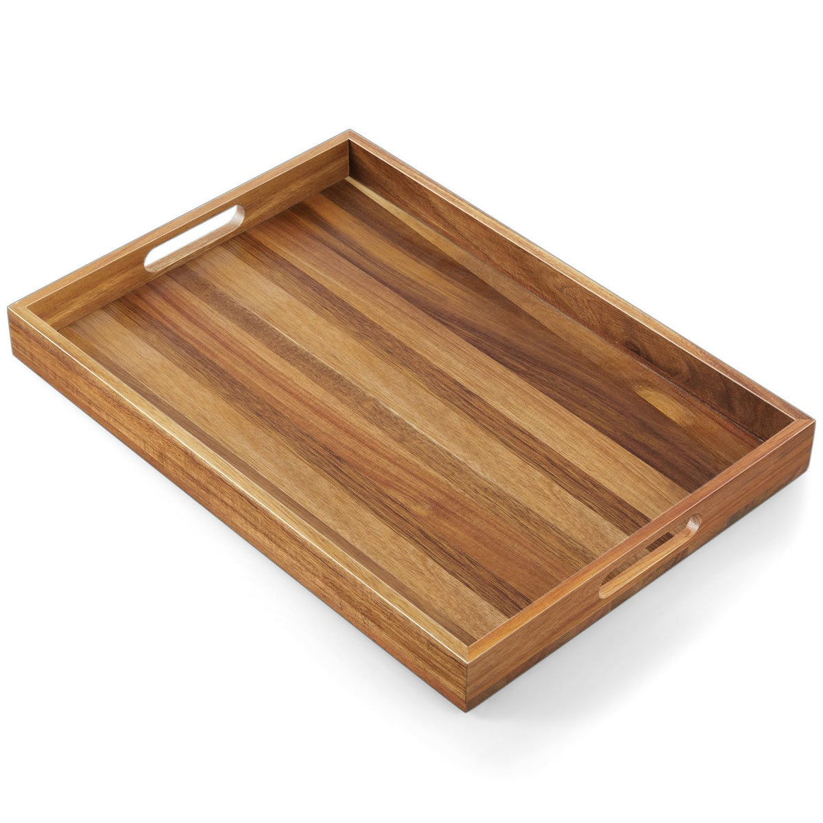 DreamKey 17-inch acacia tray with handles for easy serving on ottomans and coffee tables.