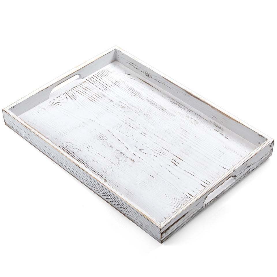 DreamKey 17-inch rustic white serving tray with handles for easy serving.