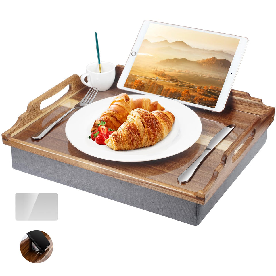 DRELIFAM lap desk on acacia wood bed tray with smooth finish for meals.