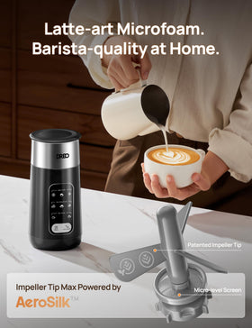 DREO milk frother anti-burn impeller maintains foam without scorching.