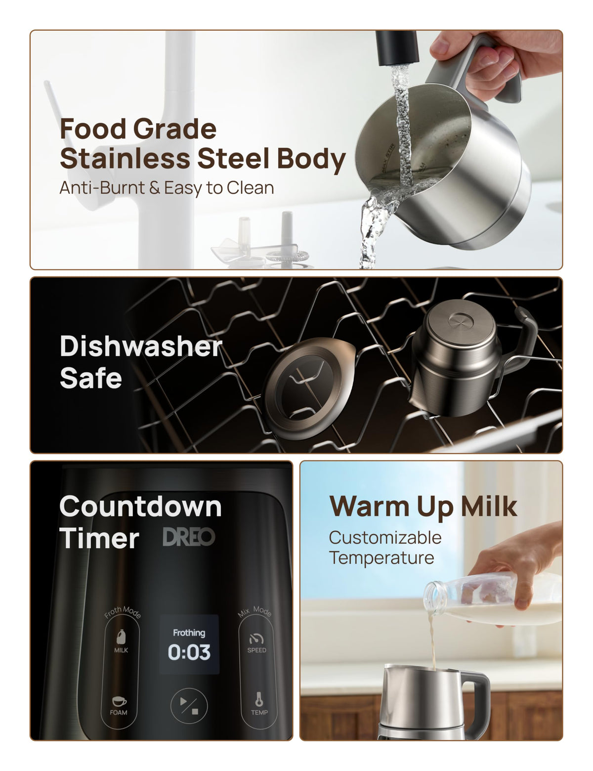 DREO milk frother easy to clean with dishwasher-safe parts