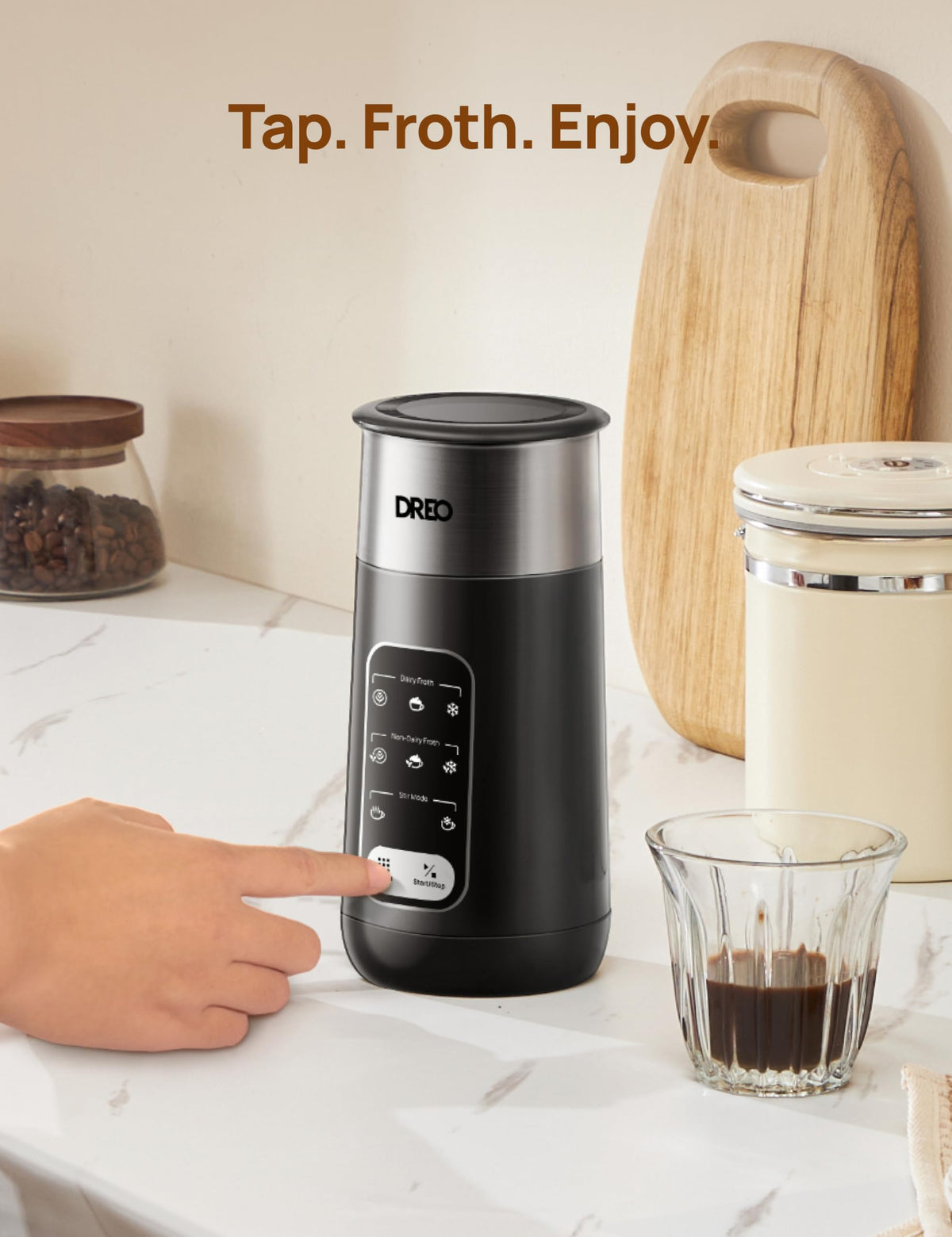 DREO stainless steel frother easy-clean design under running water.