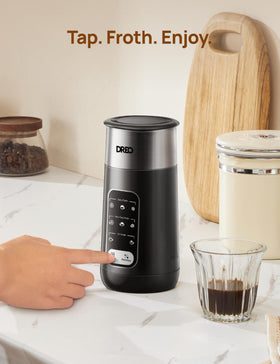 DREO stainless steel frother easy-clean design under running water.