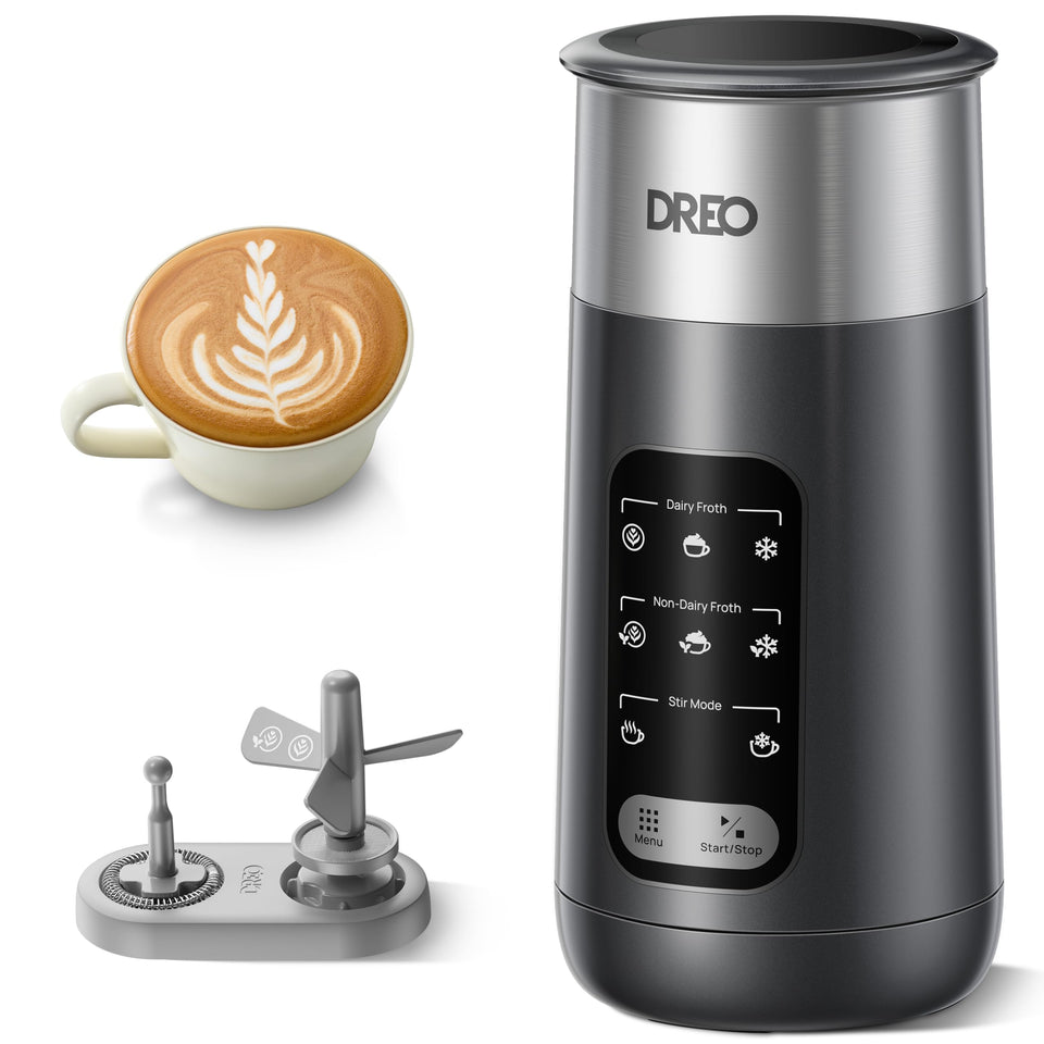 DREO Milk Frother foam detail showing ultrafine microfoam ideal for latte art.
