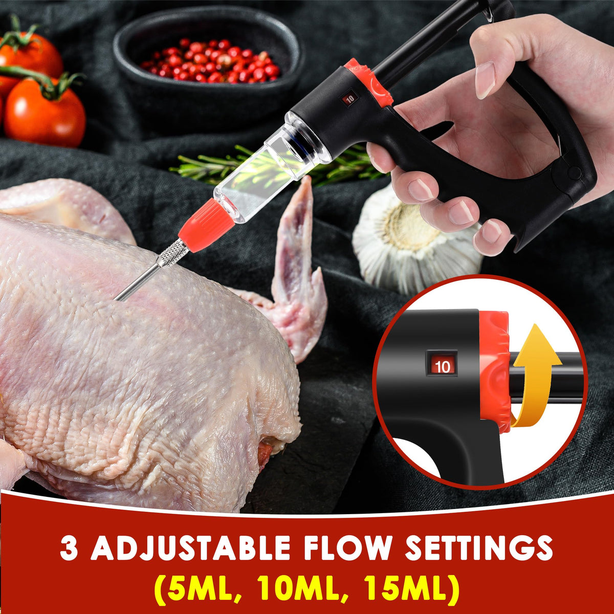 Dreyoo Marinade Injector showing four precision needles for different cuts.