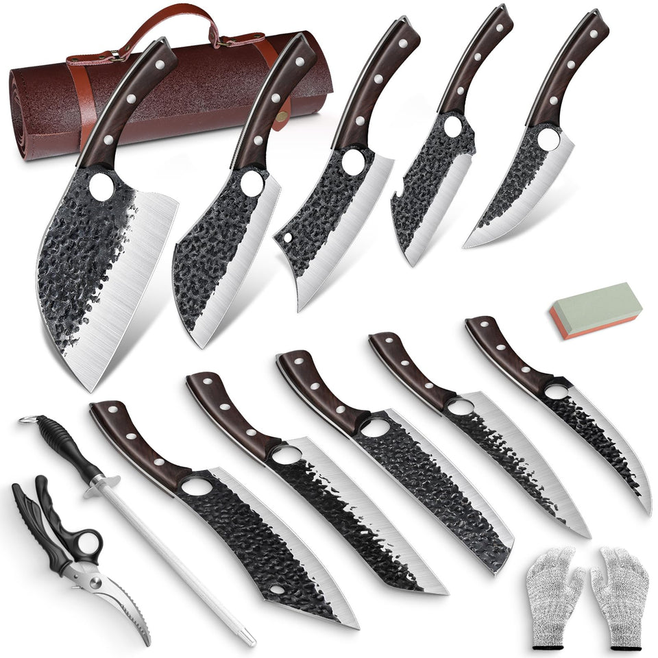 DRGSKL 10-piece knife set with leather pouch for easy kitchen storage.