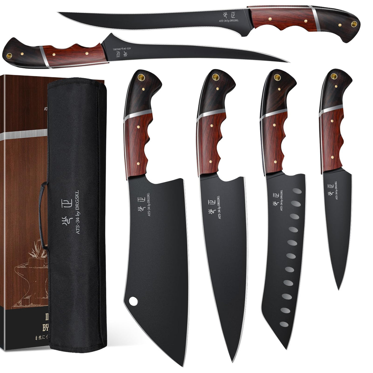 DRGSKL kitchen knife set in bag for easy gifting and organized storage.