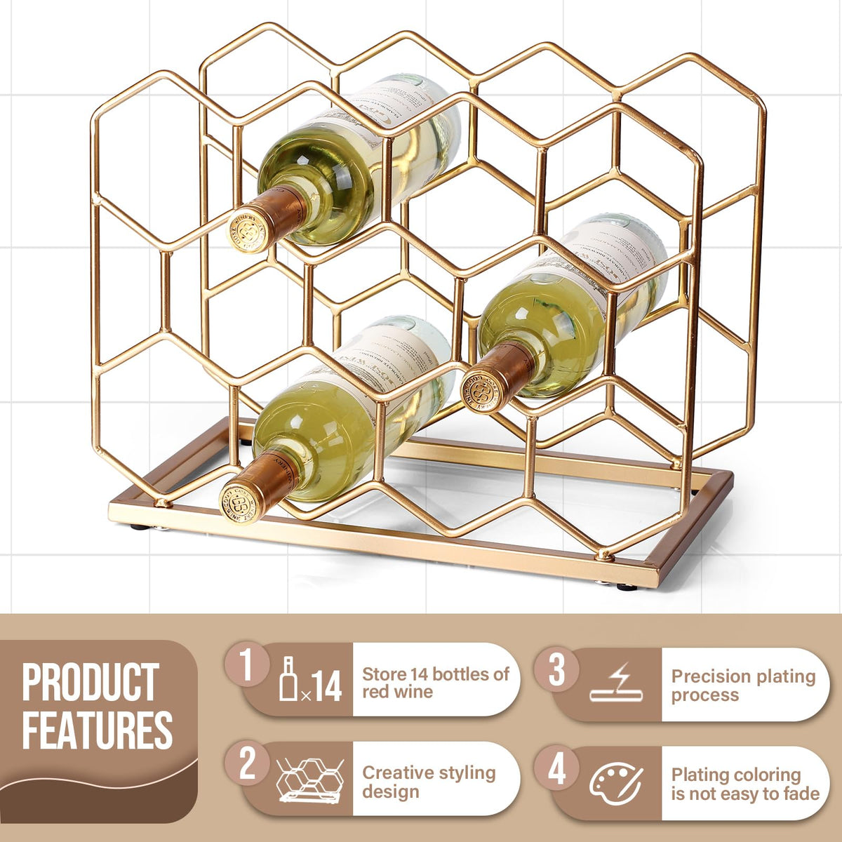 Drincarier gold metal wine rack close-up of finish and detailing