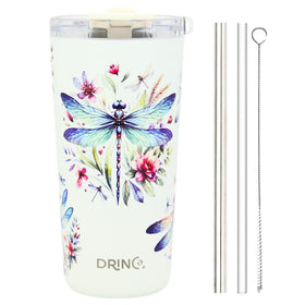 Drinco Dragonfly lid with straw emphasizes spill-proof design for travel.