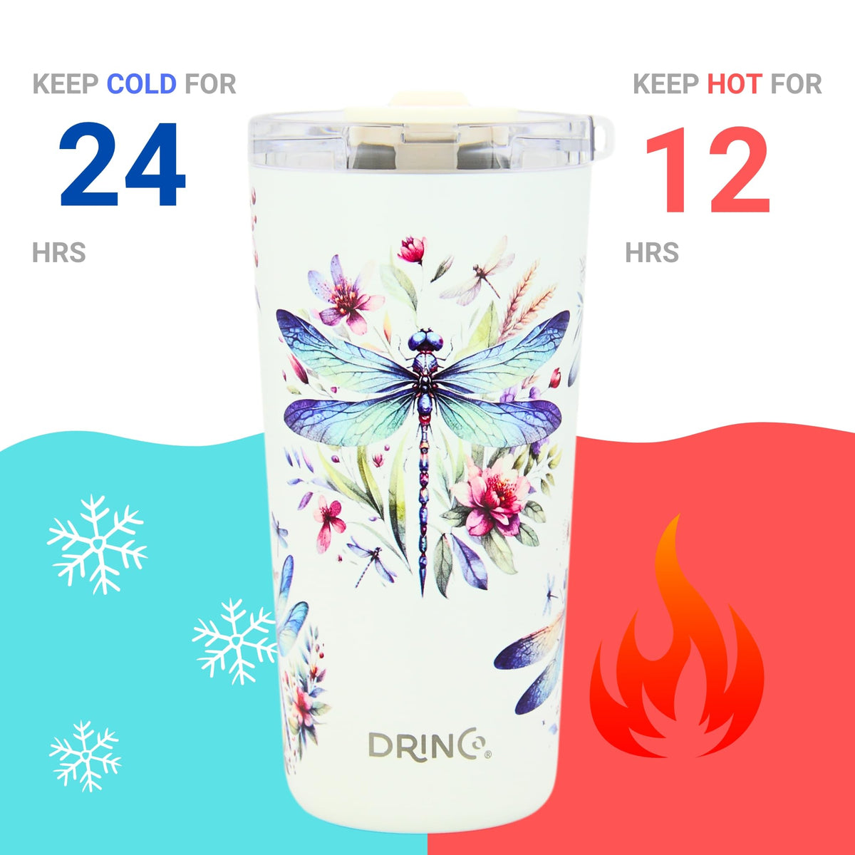 Drinco 20oz Dragonfly stainless steel body with vacuum insulation for temperature control.